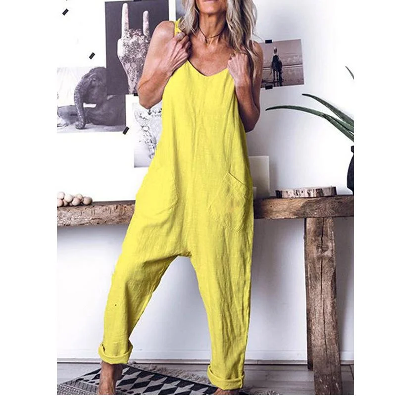 Women Linen High Waist Leisure Jumpsuits