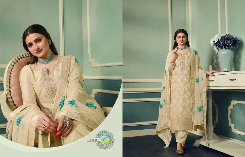 Cream Pure Viscose Jacquard Embroidered Stone work Designer Suit