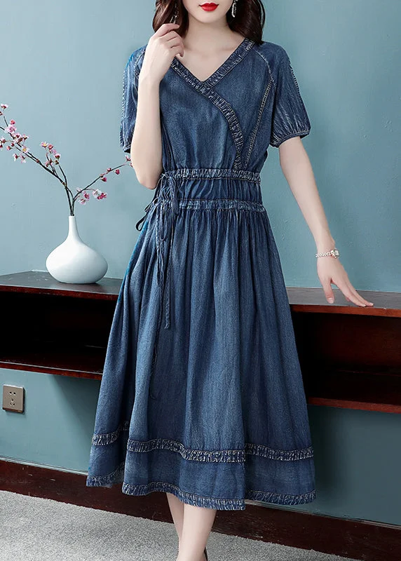 2024 Blue Cinched V Neck Cotton Denim Dress Short Sleeve