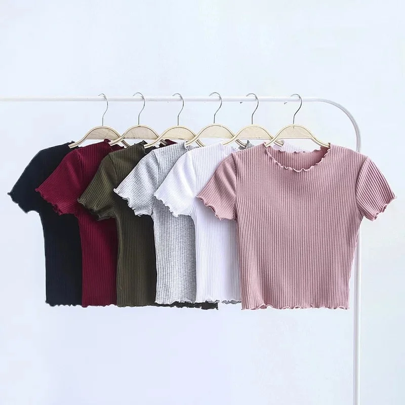 Vintage Wood ears O neck Short sleeve T-shirt 2018 New Woman Slim Fit t shirt tight tee Summer Retro Tops 6 colors