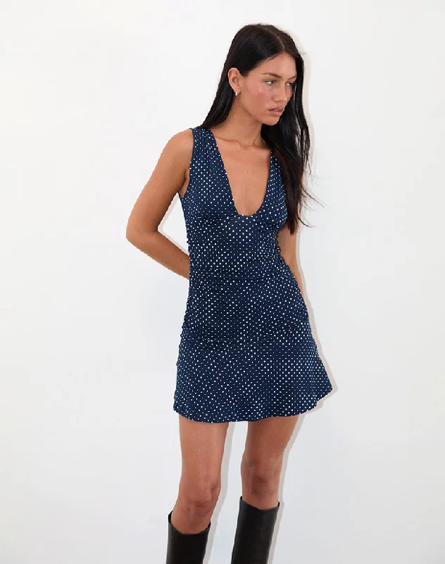 Luscian Plunge Mini Dress in Micro Polka Navy