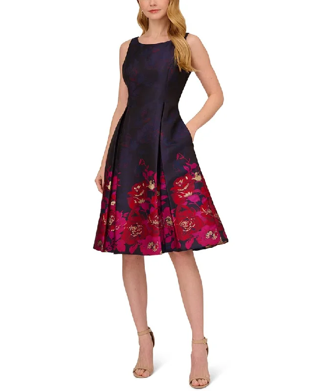 Adrianna Papell Metallic Floral Border Fit Flare Jacquard Dress