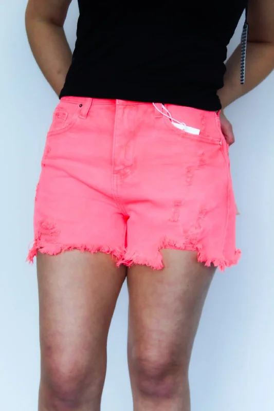 High Rise Distressed Detail Short In Bright Coral