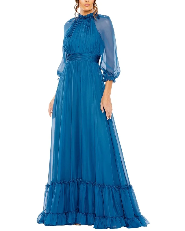 Mac Duggal Chiffon Ruched Illusion Raglan Sleeve Ruffled Gown