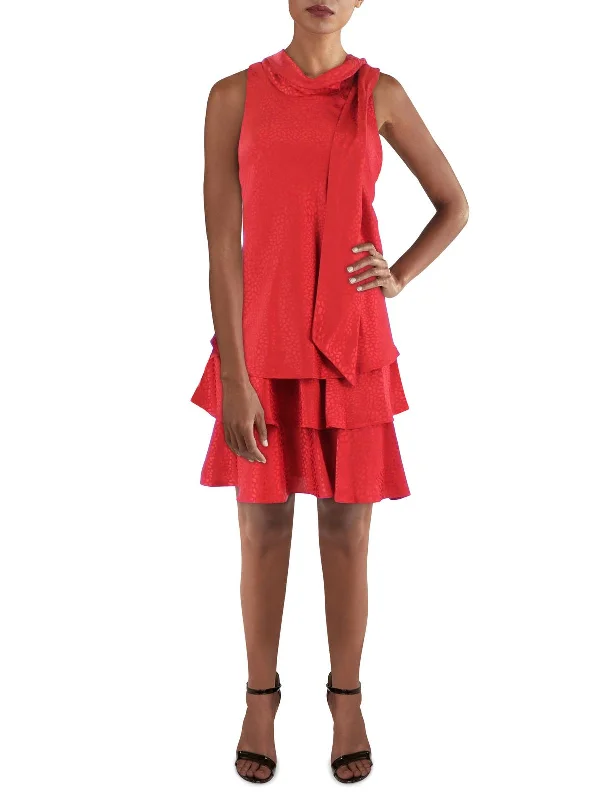 Petites Womens Embossed Tiered Mini Fit & Flare Dress