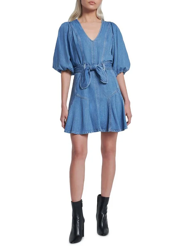 Womens Denim Puff Sleeve Mini Dress