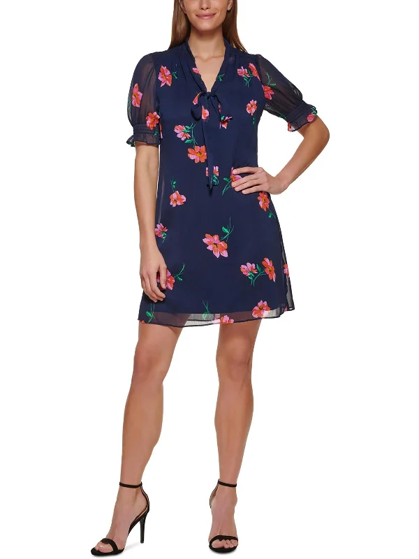 Womens Floral Print Mini Tie-Neck Shift Dress