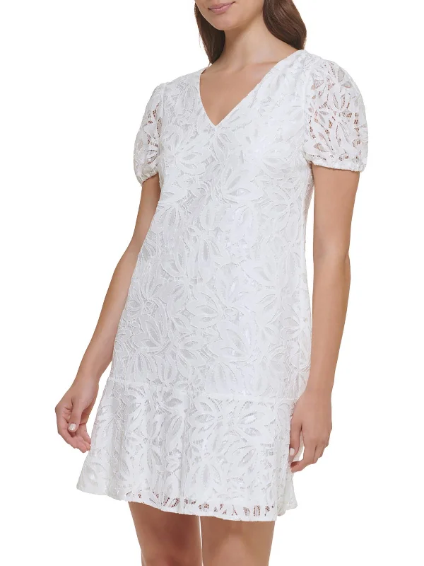 Womens Lace Puff Sleeves Shift Dress