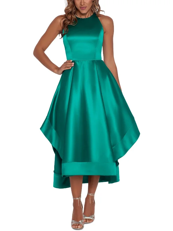 Womens Satin Hi-Low Halter Dress