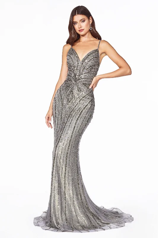 Cinderella Divine KC898 Long Formal Fitted Metallic V-Neck Prom Dress